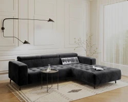 Kanapa Sofa Narożna Narożnik Barbados z Regulowanymi Zagłówkami Czarny Prawy