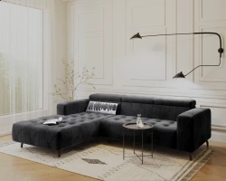 Kanapa Sofa Narożna Narożnik Barbados z Regulowanymi Zagłówkami Czarny Lewy