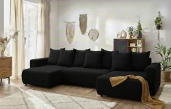 Narożnik z Funkcją Spania w Kształcie U Rozkładany do Salonu Urban Czarny
