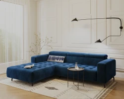 Kanapa Sofa Narożna Narożnik Barbados z Regulowanymi Zagłówkami Granatowy Lewy